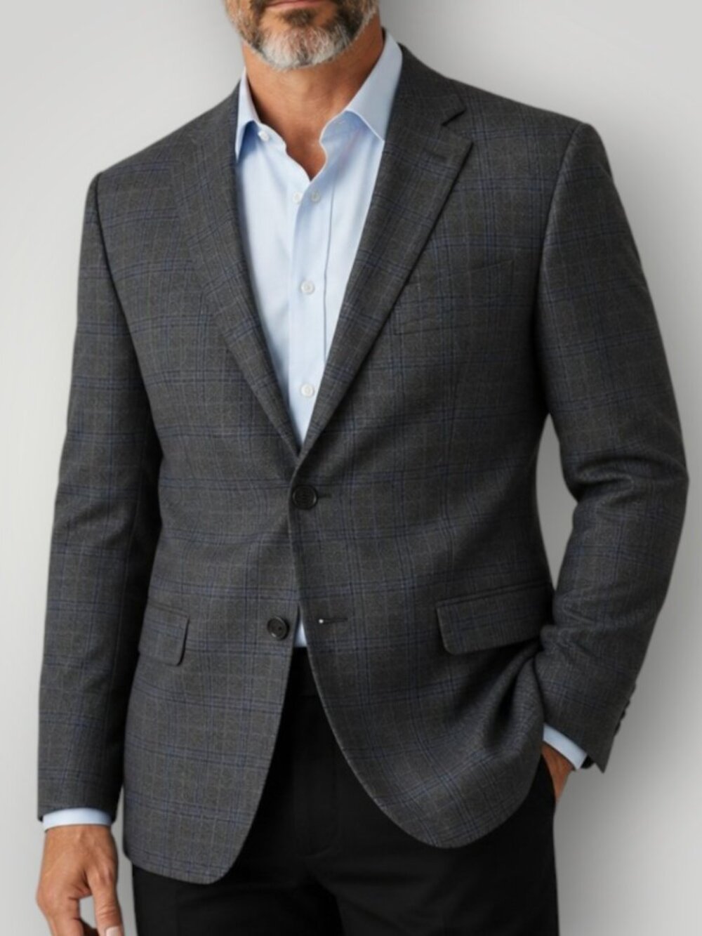 RALPH LAUREN Mens Blazer Sport Coat Two Button Jacket 44L Gray/Blue Plaid Wool